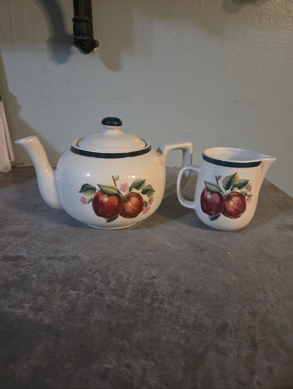 China Pearl Vintage Cream Ceramic Teapot and Creamer Set with Red Apple Motif